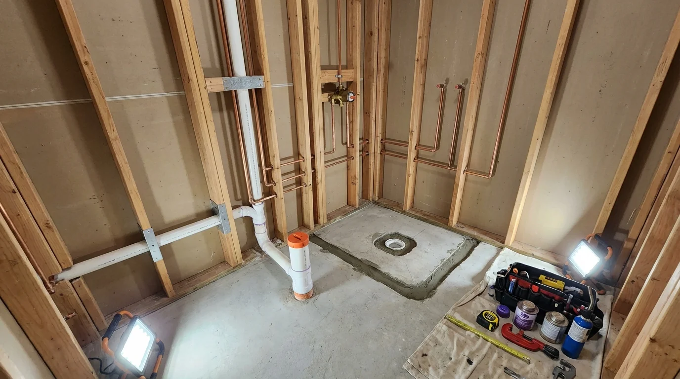 Bathroom rough-in plumbing during remodel by Johns Plumbing LLC in Riverdale