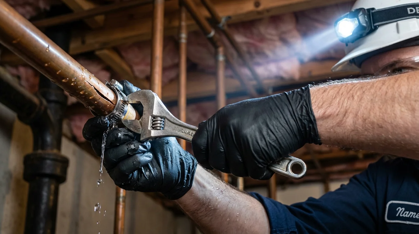 Emergency pipe clamp repair being performed by a Johns Plumbing LLC plumber in Riverdale