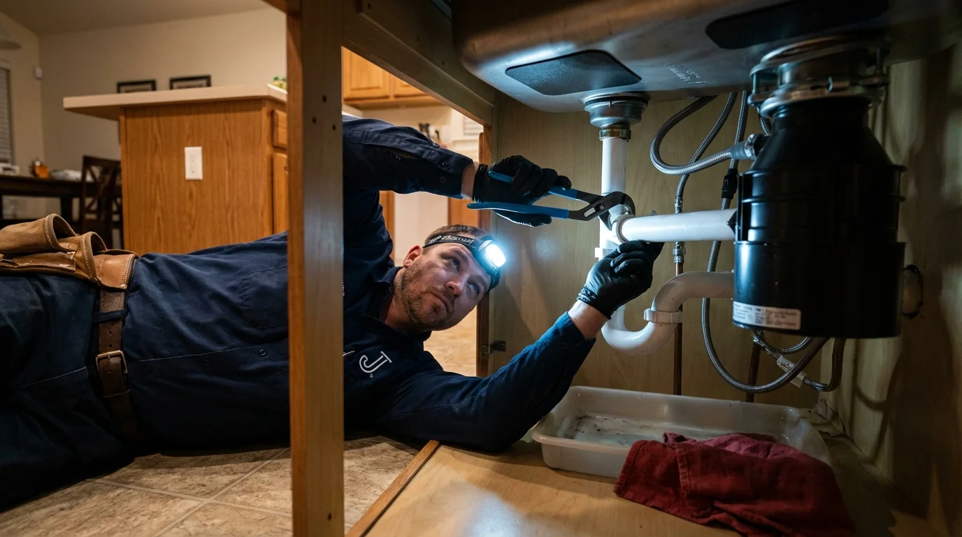 P-trap and supply line connections under a kitchen sink showing a common leak point in Riverdale, NJ